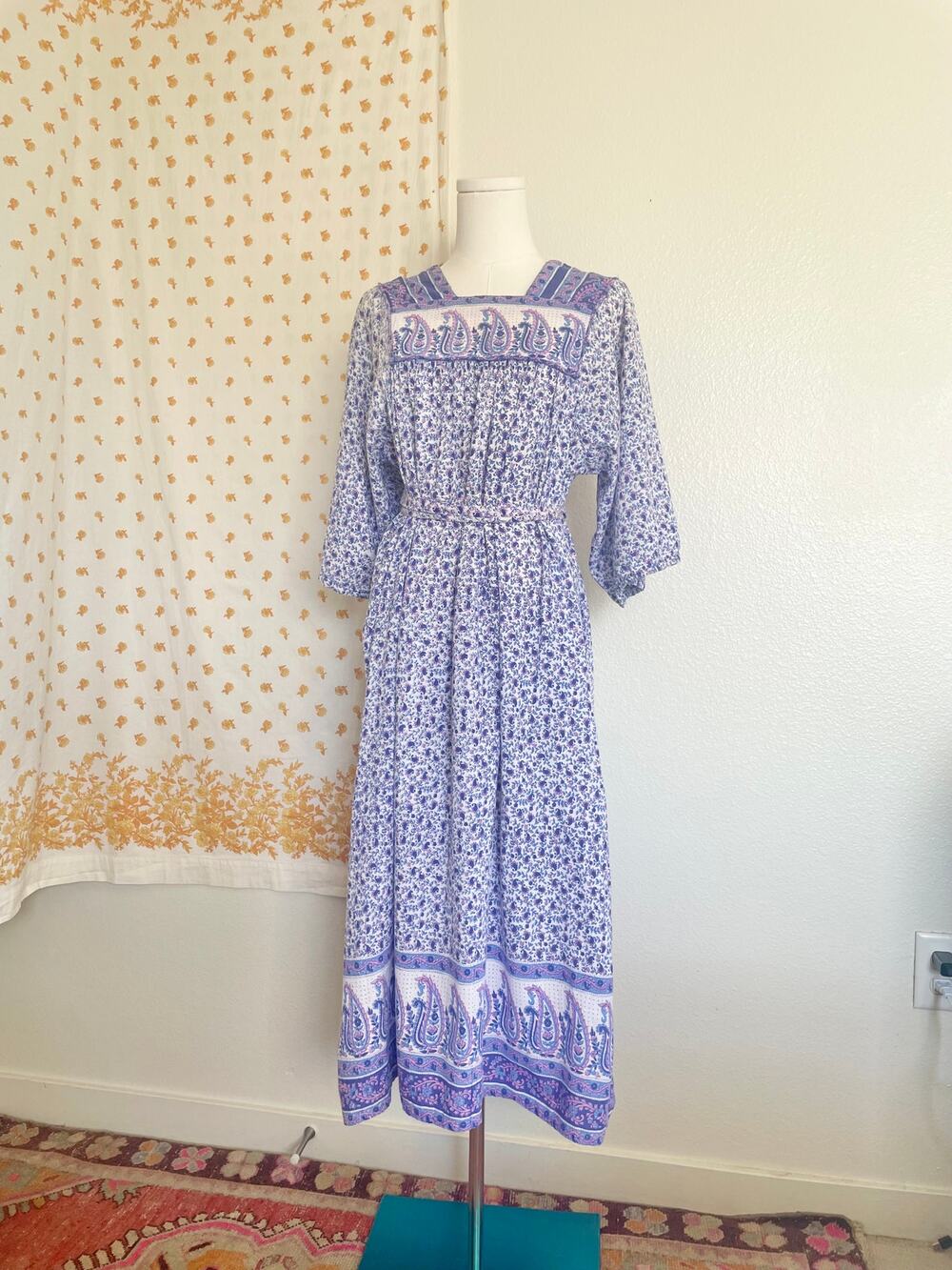 Handmade Indian Cotton Batik Maxi Dress Pockets Waist Tie Boho